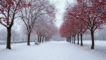 Beautiful winter landscape in the park with snow and red trees.の素材