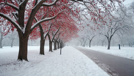 Snow covered trees in Central Park, Manhattan, New York City.の素材