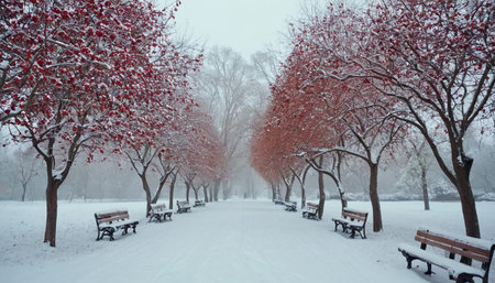 Beautiful winter landscape with snow covered trees in the city park.の素材