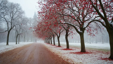Snowy road in the winter park with trees covered with red leavesの素材