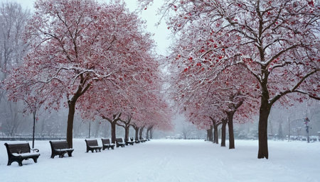 Beautiful winter landscape in the city park. Snow-covered trees.の素材