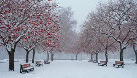 Winter landscape with snow covered trees and benches in the city park.の素材