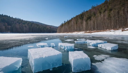 Ice hummocks on the shore of the frozen lake in winterの素材
