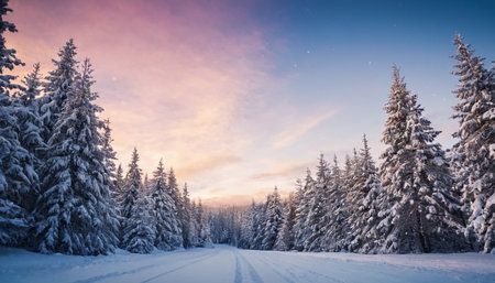 Beautiful winter landscape with snowy fir trees and road at sunset.の素材