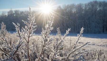 Hoarfrost on the branches of bushes in the rays of the sunの素材