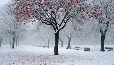Beautiful winter park with snow covered trees and benches, Moscow, Russiaの素材