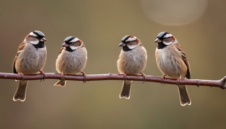 Three sparrows sitting on a branch of a tree with a blurred backgroundの素材