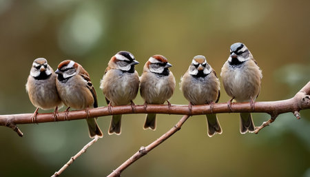 Group of sparrows sitting on a branch in the forest.の素材