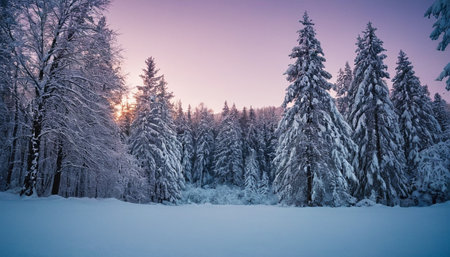 Beautiful winter landscape with snow covered trees in the forest at sunsetの素材