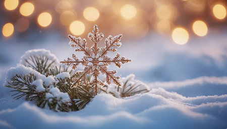 Snowflake on a pine branch in the snow. Christmas background.の素材