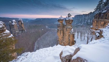Winter landscape with sandstone cliffs in bastei national park, Saxon Switzerland, Germanyの素材