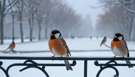 Two small birds with orange chests and black heads sit on a snow-covered black metal railing in a park setting with bare trees.の素材