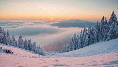 A soft, snow-covered slope leads the eye towards a distant sunrise, with frosted evergreen trees framing a tranquil scene of clouds and mountains.の素材