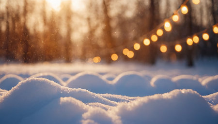 Soft mounds of snow in the foreground catch the warm glow of golden hour sunlight filtering through trees, with a string of festive lights blurred in the...の素材