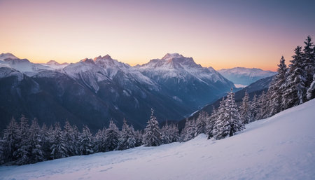 Snow-covered mountain slopes and dense evergreen trees are bathed in the soft light of a dawn sky.の素材