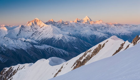 Snow-covered mountain peaks illuminated by soft golden hour light under a clear blue sky creating a panoramic vista.の素材