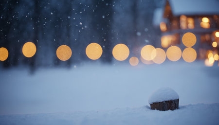A serene winter landscape a snow-covered tree stump in the foreground and a cozy building with warm lights in the distance.の素材