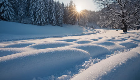 Gentle, undulating snowdrifts catch the sunlight in a vast winter landscape, with a dense pine forest in the background.の素材