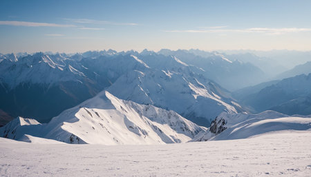 A wide expanse of snow-covered mountain peaks stretches into the distance under a clear blue sky, showcasing a winter landscape.の素材