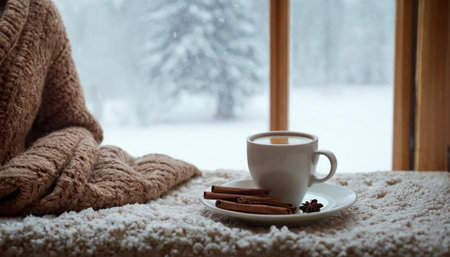A white cup of a warm drink rests on a fluffy blanket with cinnamon sticks, as snow falls outside the window.の素材