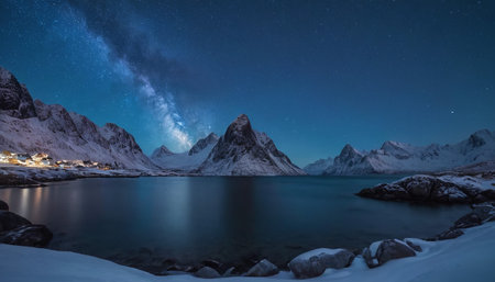 The Milky Way galaxy stretches across a clear night sky above snow-capped mountains and a calm fjord, with a small village illuminated by warm lights.の素材