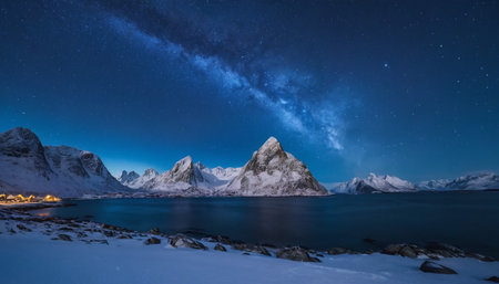 The luminous Milky Way arches over dramatic snow-capped mountains and a quiet coastal village, illuminated by starlight and distant lights.の素材