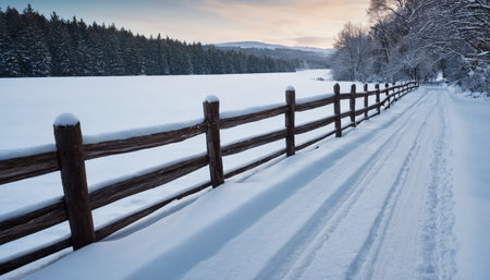 A snow-covered field and road stretch alongside a rustic wooden fence, with a dark pine forest in the background.の素材