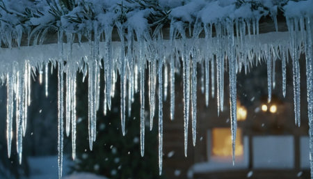 Sparkling icicles hang from a roof, with a warm, illuminated cabin and pine branches visible in the snowy evening.の素材
