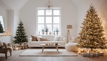 A spacious living room decorated with two Christmas trees, a sofa, and ambient lighting for a festive holiday atmosphere.の素材