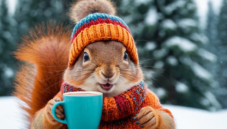 A cheerful squirrel sports a striped knitted hat and sweater, holding a vibrant turquoise mug amidst a snowy forest scene.の素材