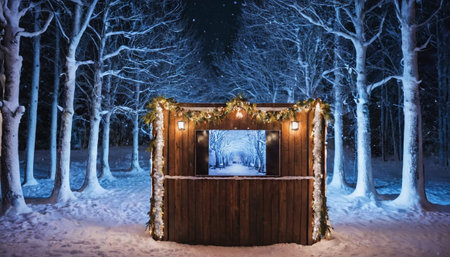 A wooden booth decorated with lights and pine garland stands in a snowy forest at night, surrounded by snow-covered trees.の素材