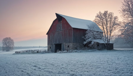 A red barn is set against a soft pastel sunrise sky. The surrounding landscape is covered in snow and frost with bare trees.の素材