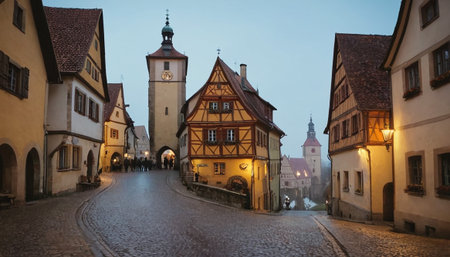 Cobblestone street winds through a charming medieval German town with iconic half-timbered buildings and a prominent clock tower illuminated at dusk.の素材