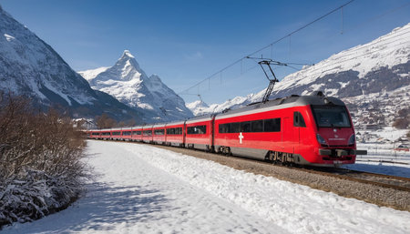 A vibrant red Swiss train travels along snow-covered tracks with the iconic Matterhorn mountain dominating the alpine landscape.の素材