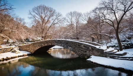 A classic stone bridge with steps leads over a calm river. Snow blankets the ground and trees, reflecting in the water under a clear blue sky.の素材