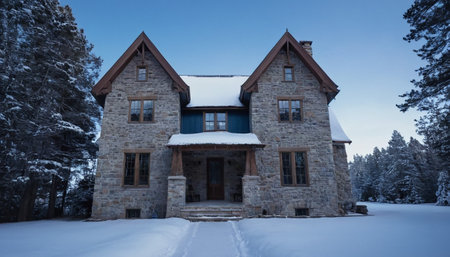 A substantial stone house featuring a blue section on its upper facade is surrounded by snow and tall pine trees under a clear blue sky.の素材