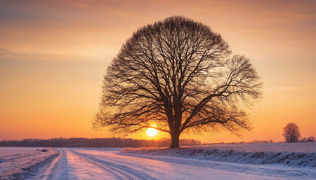 A bare tree dominates a snowy landscape under a vibrant orange sunset sky, creating a serene and dramatic scene.の素材