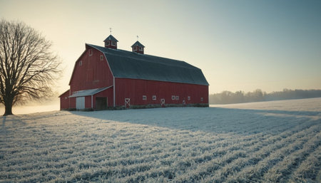 A red barn is illuminated by warm morning sun, casting long shadows across a frost-covered field.の素材