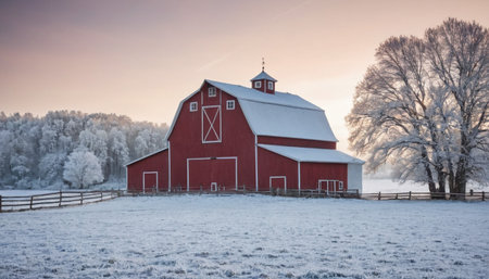 A vibrant red barn is nestled in a frosty landscape with snow-dusted trees and a pale sunrise sky.の素材