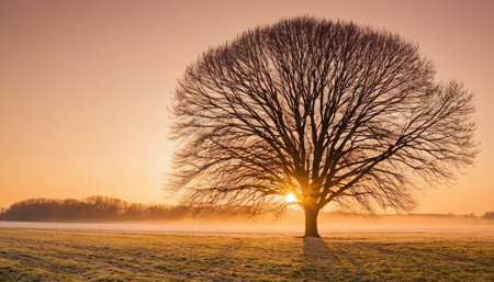 A lone bare tree stands in a field with a soft mist and golden sunrise light, creating a serene and atmospheric winter scene.の素材