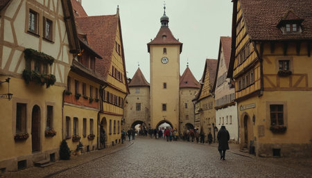 A cobblestone street in a historic German town is lined with half-timbered houses leading to a gate with a prominent clock tower under a cloudy sky.の素材