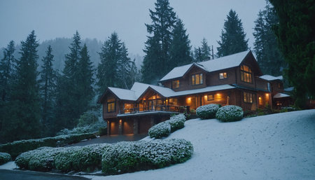 A wooden house is situated on a snow-covered hillside, bordered by a dark evergreen forest, with warm lights glowing from its windows.の素材