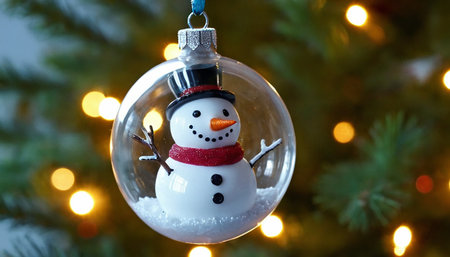 A clear glass Christmas ornament holds a small snowman with a red scarf and black hat, set against a backdrop of bokeh lights.の素材