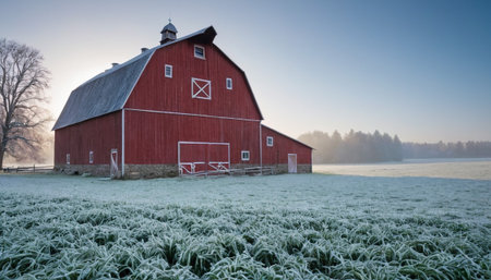 A red barn stands in a frosty field with a bare tree and distant forest under a clear blue sky at sunrise, a serene winter scene.の素材