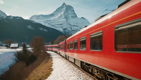 A bright red train follows a curved track through a snowy landscape, with the snow-covered peak of the Matterhorn dominating the background.の素材