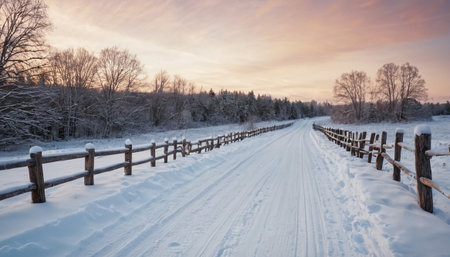 A snow-covered road curves through a winter landscape with bare trees and a wooden fence under a soft, colorful sky at dawn or dusk.の素材