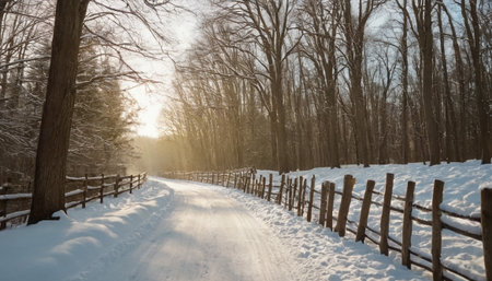 A snow-covered country road bathed in warm sunrise light, bordered by a rustic wooden fence and snow-laden trees.の素材