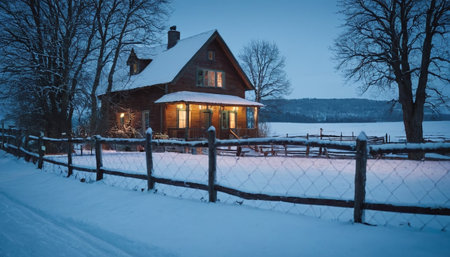 An wooden farmhouse radiates warm light at twilight, nestled in a peaceful, snow-covered rural landscape with bare trees.の素材