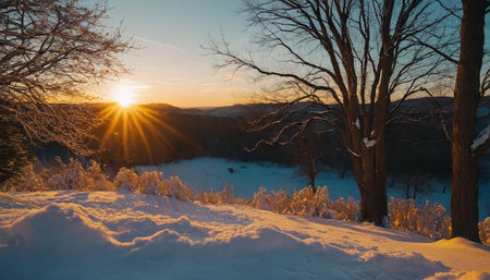 A winter sunset bathes snow-covered hills and silhouetted trees in warm golden light, creating a peaceful vista.の素材