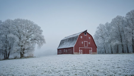 A red barn is framed by heavily frosted trees in a serene winter landscape with a soft, overcast sky.の素材